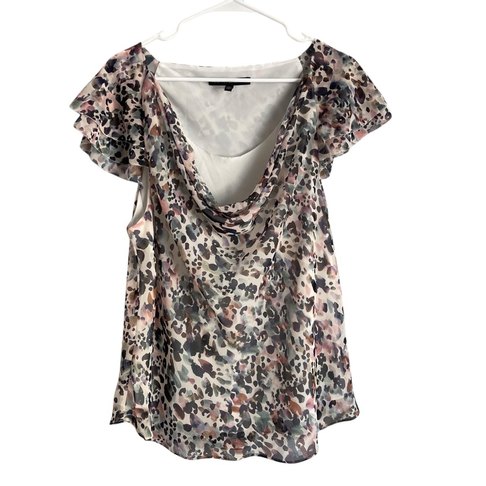 White House Black Market Cream Multi-Color Printed Flutter Sleeve Blouse